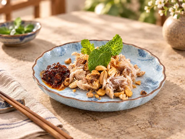 Ảnh minh họa đĩa tré trộn với lạc rang, rau thơm và ớt tương